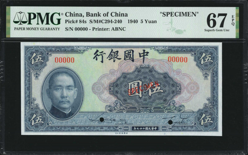 (t) CHINA--REPUBLIC. Bank of China. 5 Yuan, 1940. P-84s. Specimen. PMG Superb Ge...