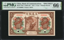 (t) CHINA--REPUBLIC. Bank of Communications. 1 Yuan, 1914. P-116vs. Specimen. Gem Uncirculated 66 EPQ.

(S/M#C126). Printed by ABNC. Without Branch....