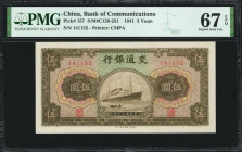 (t) CHINA--REPUBLIC. Lot of (3). Bank of Communications. 5 Yuan, 1941. P-157. Consecutive. PMG Gem Uncirculated 66 EPQ & Superb Gem Unc 67 EPQ.

Est...