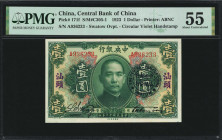 (t) CHINA--REPUBLIC. Central Bank of China. 1 Dollar, 1923. P-171f. PMG About Uncirculated 55.

(S/M#C305-1). Swatow overprint. Circular violet hand...