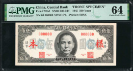 (t) CHINA--REPUBLIC. Lot of (2). Central Bank of China. 500 Yuan, 1945. P-283s1 & 283s2. Front & Back Specimens. PMG Choice Uncirculated 64.

Estima...