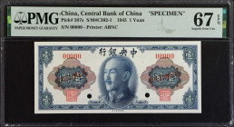 (t) CHINA--REPUBLIC. Central Bank of China. 1 Yuan, 1945. P-387s. Specimen. PMG Superb Gem Uncirculated 67 EPQ.

(S/M#C302-1). Printed by ABNC.

E...
