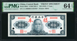 CHINA--REPUBLIC. Lot of (2). The Central Bank of China. 5 Yuan, 1945. P-389s1 & 389s2. Front & Back Specimens. PMG Choice Uncirculated 64 & 64 EPQ.
...