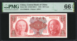 (t) CHINA--REPUBLIC. Central Bank of China. 100 Yuan, 1945. P-394. PMG Gem Uncirculated 66 EPQ.

(S/M#C302-8. Printed by ABNC.

Estimate: USD 150-...