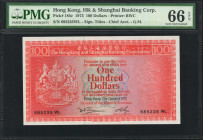 (t) HONG KONG. The Hong Kong & Shanghai Banking Corporation. 100 Dollars, 1973. P-185c. PMG Gem Uncirculated 66 EPQ.

Estimate: USD 250-450