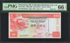 (t) HONG KONG. The Hong Kong & Shanghai Banking Corporation Limited. 100 Dollars, 1999-2000. P-203c. Solid 4 Serial Number. PMG Gem Uncirculated 66 EP...