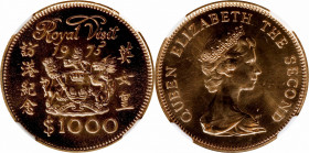 (t) HONG KONG. 1000 Dollars, 1975. Elizabeth II. NGC MS-66.

Fr-1; KM-38; Mars-G1. Struck to commemorate the royal visit of Queen Elizabeth II.

E...