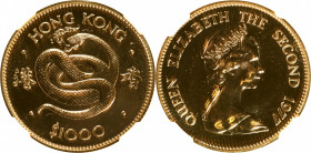 (t) HONG KONG. 1000 Dollars, 1977. Lunar Series, Year of the Snake. Elizabeth II. NGC MS-67.

KM-42; Fr-3. 

Estimate: USD 800-1200