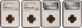 (t) HONG KONG. Duo of 10 Cents (2 Pieces), 1980. Elizabeth II. Both NGC MS-64 Certified.

KM-28.3; Mars-C24.

Estimate: USD 100-200