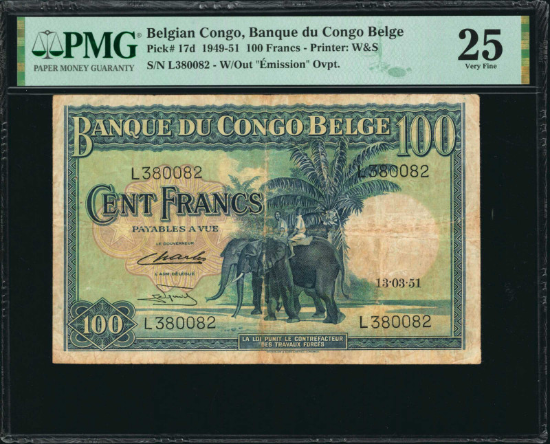 BELGIAN CONGO. Banque du Congo Belge. 100 Francs, 1949-51. P-17d. PMG Very Fine ...
