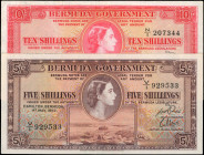 BERMUDA. Lot of (2). Bermuda Government. 5 & 10 Shillings, 1957. P-18b & 19b. Very Fine & Uncirculated.

P-18b is Unc with Pinholes and P-19b is in ...