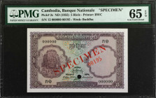 CAMBODIA. Banque Nationale du Cambodge. 5 Riels, ND (1955). P-2s. Specimen. PMG Gem Uncirculated 65 EPQ.

Estimate: USD 300-500