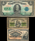 CANADA. Lot of (3). Dominion of Canada. 25 Cents & 1 Dollar, 1870-1923. P-Various. Fine.

The 1870 25 Cent note displays pinholes, staining and edge...