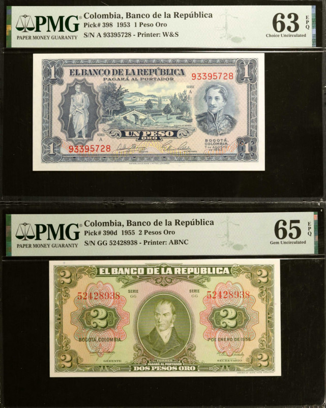 COLOMBIA. Lot of (2). El Banco de la Republica. 1 & 2 Pesos Oro, 1953-55. P-390d...