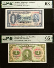 COLOMBIA. Lot of (2). El Banco de la Republica. 1 & 2 Pesos Oro, 1953-55. P-390d & 398. PMG Choice Uncirculated 63 EPQ & Gem Uncirculated 65 EPQ.

E...