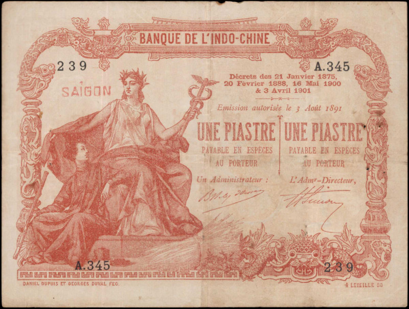 FRENCH INDO-CHINA. Banque de L'Indochine. 1 Piastre, 1891. P-34b. Fine.

Edge ...