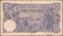 FRENCH INDO-CHINA. Banque de L'Indochine. 20 Piastres, 1920. P-41. Fine.

Holes. Pinholes. Rust damage. Tears. Corner/edge wear. Staining.

Estima...