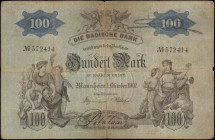 GERMANY. Die Badische Bank. 100 Mark, 1902. P-S905. Fine.

Fold wear. Internal Tear. Edge Wear. Corner Wear.

Estimate: USD 25-50
