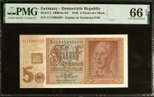 GERMANY, DEMOCRATIC REPUBLIC. Reichsbanknote. 5 Deutsche Mark, 1948. P-3. PMG Gem Uncirculated 66 EPQ.

Estimate: USD 30-50
