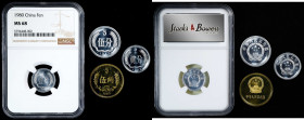 CHINA. Quartet of Mixed Denominations (4 Pieces), 1980-83. Certified & Uncertified.

1) Fen, 1980. NGC MS-68. KM-1. 2) 5 Jiao, 1983. GEM UNCIRCULATE...