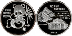 (t) CHINA. Silver 1 Ounce Medal, 1992. Panda Series, Munich International Coin Show. NGC PROOF-69 Ultra Cameo.

KMX-MB73; PAN-187A. 

Estimate: US...