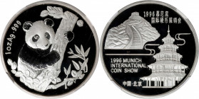 (t) CHINA. Silver 1 Ounce Medal, 1996. Panda Series, Munich International Coin Show. NGC PROOF-69 Ultra Cameo.

KMX-MB84; PAN-275A. 

Estimate: US...