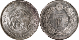 JAPAN. Yen, Year 25 (1892). Osaka Mint. Mutsuhito (Meiji). NGC AU-58.

KM-Y-28a.5; JNDA-01-10C; JC-09-10-4. "Gin" countermark in right reverse field...