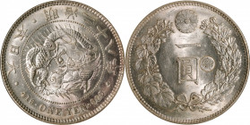 JAPAN. Yen, Year 28 (1895). Osaka Mint. Mutsuhito (Meiji). NGC MS-61.

KM-Y-28a.5; JNDA-01-10C; JC-09-10-4. "Gin" countermark in right reverse field...