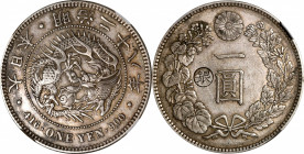JAPAN. Yen, Year 28 (1895). Osaka Mint. Mutsuhito (Meiji). NGC AU-58.

KM-Y-28a.2; JNDA-01-10C; JC-09-10-4. "Gin" countermark in left reverse field....
