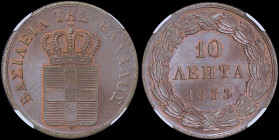 GREECE: 10 Lepta (1833) (type I) in copper with Royal Coat of Arms and inscription "ΒΑΣΙΛΕΙΑ ΤΗΣ ΕΛΛΑΔΟΣ". Inside slab by NGC "MS 65 BN". Cert number:...