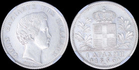 GREECE: 1 Drachma (1833 A) (type I) in silver (0,900) with head of King Otto facing right and inscription "ΟΘΩΝ ΒΑΣΙΛΕΥΣ ΤΗΣ ΕΛΛΑΔΟΣ". Inside slab by ...