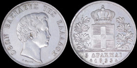 GREECE: 5 Drachmas (1833 A) (type I) in silver (0,900) with head of King Otto facing right and inscription "ΟΘΩΝ ΒΑΣΙΛΕΥΣ ΤΗΣ ΕΛΛΑΔΟΣ". Cleaned. (Hell...