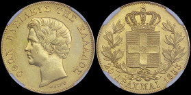 GREECE: 20 Drachmas (1833) in gold (0,900) with head of King Otto facing left and inscription "ΟΘΩΝ ΒΑΣΙΛΕΥΣ ΤΗΣ ΕΛΛΑΔΟΣ". Inside slab by NGC "AU 55"....