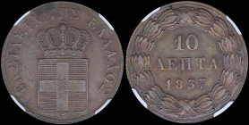 GREECE: 10 Lepta (1837) (type I) in copper with Royal Coat of Arms and inscription "ΒΑΣΙΛΕΙΑ ΤΗΣ ΕΛΛΑΔΟΣ". Inside slab by NGC "MS 63 BN". Cert number:...