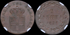GREECE: 2 Lepta (1838) (type I) in copper with Royal Coat of Arms and inscription "ΒΑΣΙΛΕΙΑ ΤΗΣ ΕΛΛΑΔΟΣ". Inside slab by NGC "MINT ERROR MS 64 BN / OB...