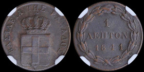 GREECE: 1 Lepton (1841) (type I) in copper with Royal Coat of Arms and inscription "ΒΑΣΙΛΕΙΑ ΤΗΣ ΕΛΛΑΔΟΣ". Inside slab by NGC "XF DETAILS / CLEANED". ...