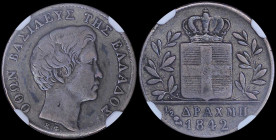 GREECE: 1/2 Drachma (1842) (type I) in silver (0,900) with head of King Otto facing right and inscription "ΟΘΩΝ ΒΑΣΙΛΕΥΣ ΤΗΣ ΕΛΛΑΔΟΣ". Inside slab by ...