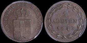 GREECE: 1 Lepton (1843) (type I) in copper with Royal Coat of Arms and inscription "ΒΑΣΙΛΕΙΑ ΤΗΣ ΕΛΛΑΔΟΣ". Inside slab by PCGS "MS 62 BN". Cert number...