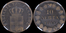 GREECE: 10 Lepta (1844) (type I) in copper with Royal Coat of Arms and inscription "ΒΑΣΙΛΕΙΑ ΤΗΣ ΕΛΛΑΔΟΣ". Inside slab by NGC "F 12 BN / BASILEIA". Ce...