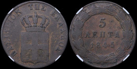 GREECE: 5 Lepta (1845) (type II) in copper with Royal Coat of Arms and inscription "ΒΑΣΙΛΕΙΟΝ ΤΗΣ ΕΛΛΑΔΟΣ". Inside slab by NGC "VF 20 BN". Cert number...