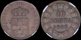 GREECE: 10 Lepta (1846) (type II) in copper with Royal Coat of Arms and inscription "ΒΑΣΙΛΕΙΟΝ ΤΗΣ ΕΛΛΑΔΟΣ". Inside slab by NGC "AU 55 BN". Cert numbe...