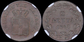GREECE: 2 Lepta (1848) (type III) in copper with Royal Coat of Arms and inscription "ΒΑΣΙΛΕΙΟΝ ΤΗΣ ΕΛΛΑΔΟΣ". Inside slab by NGC "MS 62 BN". Cert numbe...
