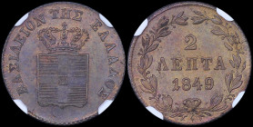 GREECE: 2 Lepta (1849) (type III) in copper with Royal Coat of Arms and inscription "ΒΑΣΙΛΕΙΟΝ ΤΗΣ ΕΛΛΑΔΟΣ". Inside slab by NGC "MS 65 BN". Top pop in...