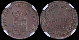 GREECE: 1 Lepton (1851) (type IV) in copper with Royal Coat of Arms and inscription "ΒΑΣΙΛΕΙΟΝ ΤΗΣ ΕΛΛΑΔΟΣ". Inside slab by NGC "MS 64 BN". Top pop in...