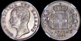 GREECE: 1/2 Drachma (1851) (type II) in silver (0,900) with mature head of King Otto facing left and inscription "ΟΘΩΝ ΒΑΣΙΛΕΥΣ ΤΗΣ ΕΛΛΑΔΟΣ". Inside s...