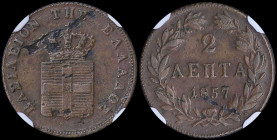 GREECE: 2 Lepta (1857) (type IV) in copper with Royal Coat of Arms and inscription "ΒΑΣΙΛΕΙΟΝ ΤΗΣ ΕΛΛΑΔΟΣ". Inside slab by NGC "AU 55 BN". Cert number...