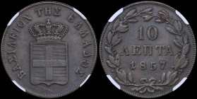 GREECE: 10 Lepta (1857) (type III) in copper with Royal Coat of Arms and inscription "ΒΑΣΙΛΕΙΟΝ ΤΗΣ ΕΛΛΑΔΟΣ". Inside slab by NGC "AU 50 BN". Cert numb...