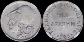 GREECE: 1 Drachma (1926) in copper-nickel with head of Goddess Athena facing left. Inside slab by NGC "MS 65". Cert number: 5784903-001. (Hellas 173).