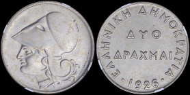 GREECE: 2 Drachmas (1926) in copper-nickel with head of Goddess Athena facing left. Inside slab by NGC "MS 66". Cert number: 5784807-020. (Hellas 175)...