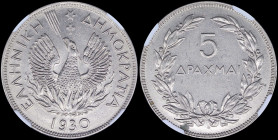 GREECE: 5 Drachmas (1930) in nickel with phoenix and inscription "ΕΛΛΗΝΙΚΗ ΔΗΜΟΚΡΑΤΙΑ". Brussels mint. Inside slab by NGC "MS 61 / BRUSSELS". Cert num...